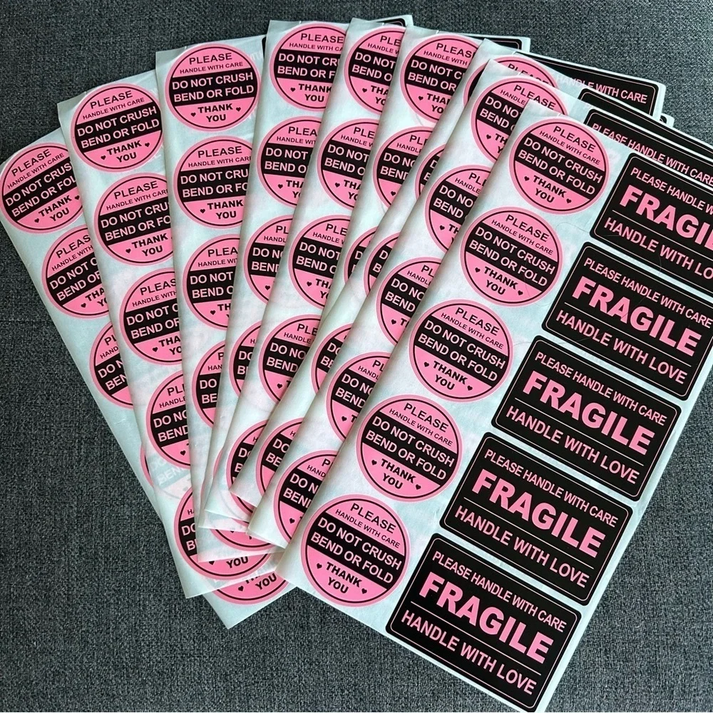 Count of 100 - Fun, Neon Pink + Black Rectangular + Circular FRAGILE Stickers